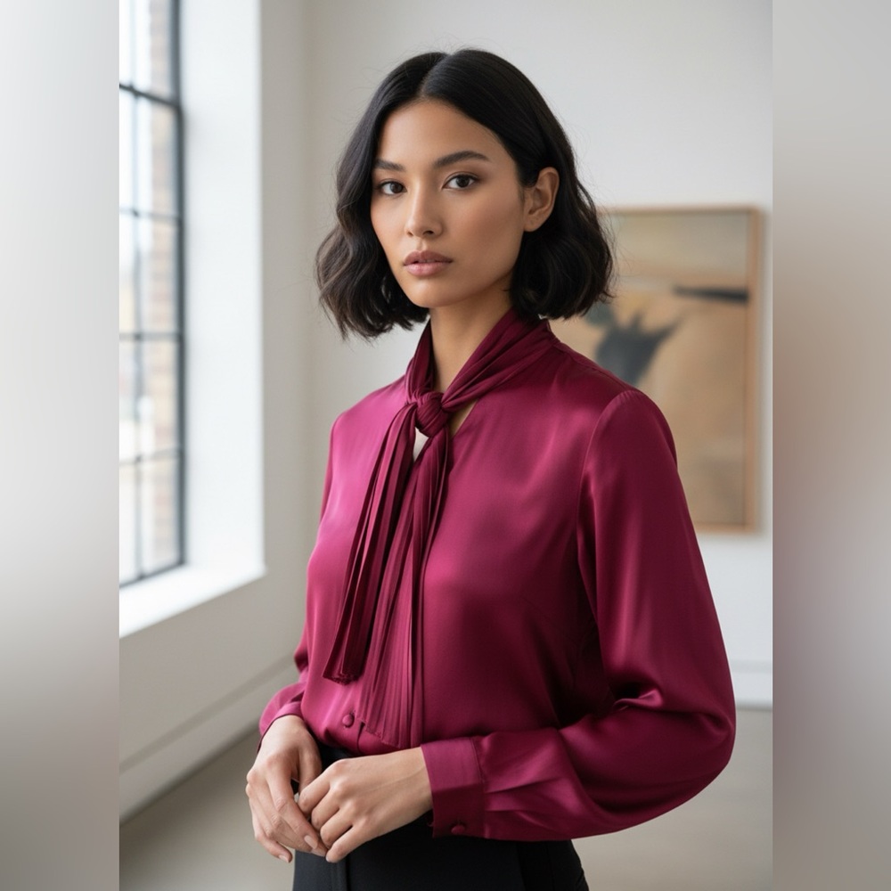 Women's Vintage Inspired Burgundy Satin Blouse with Pleat Tie/Scarf Neck
